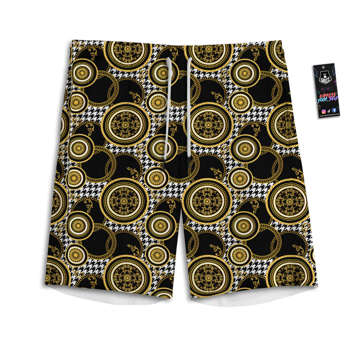 Golden Baroque And Black Houndstooth Print Pattern Men's Athletic Shorts