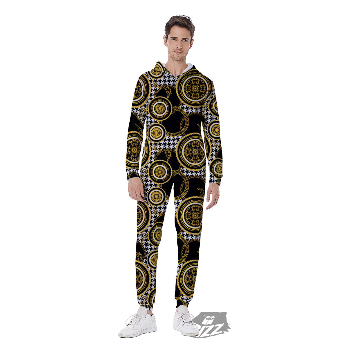 Golden Baroque And Black Houndstooth Print Pattern Men's Jumpsuit-grizzshop