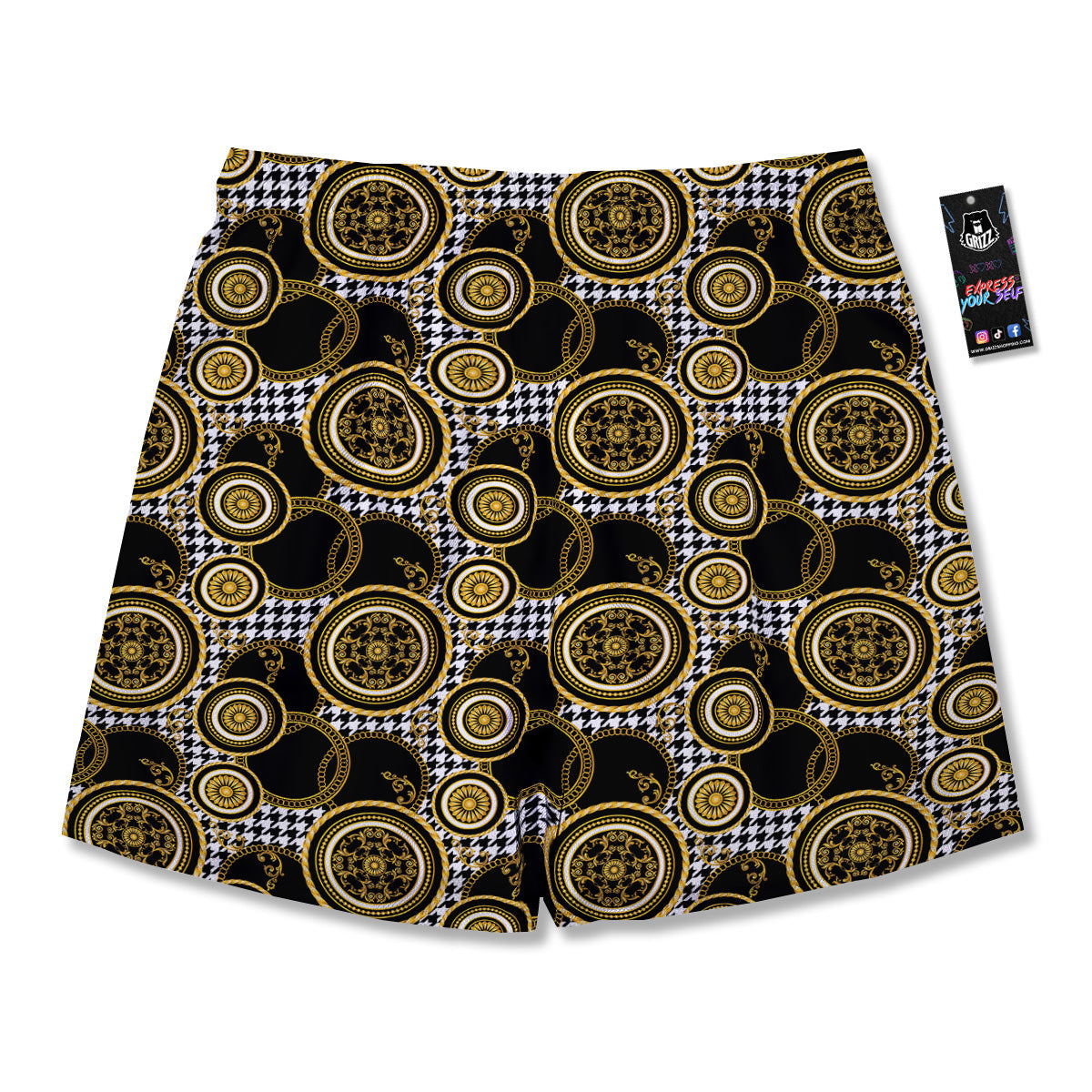 Golden Baroque And Black Houndstooth Print Pattern Men's Running Shorts-grizzshop