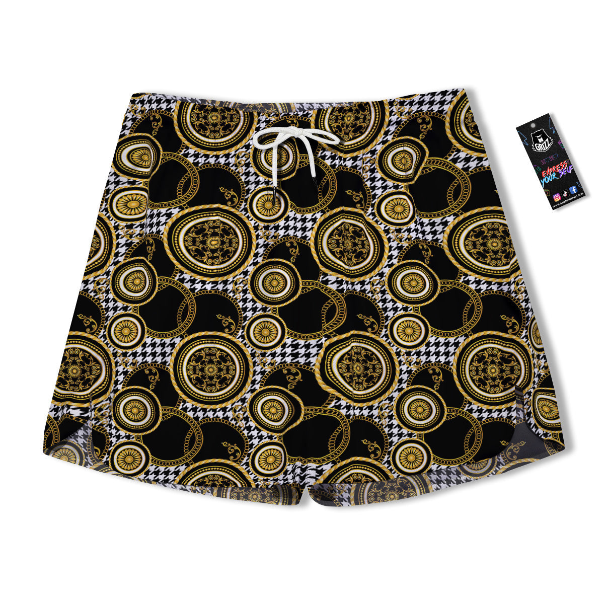 Golden Baroque And Black Houndstooth Print Pattern Men's Running Shorts-grizzshop