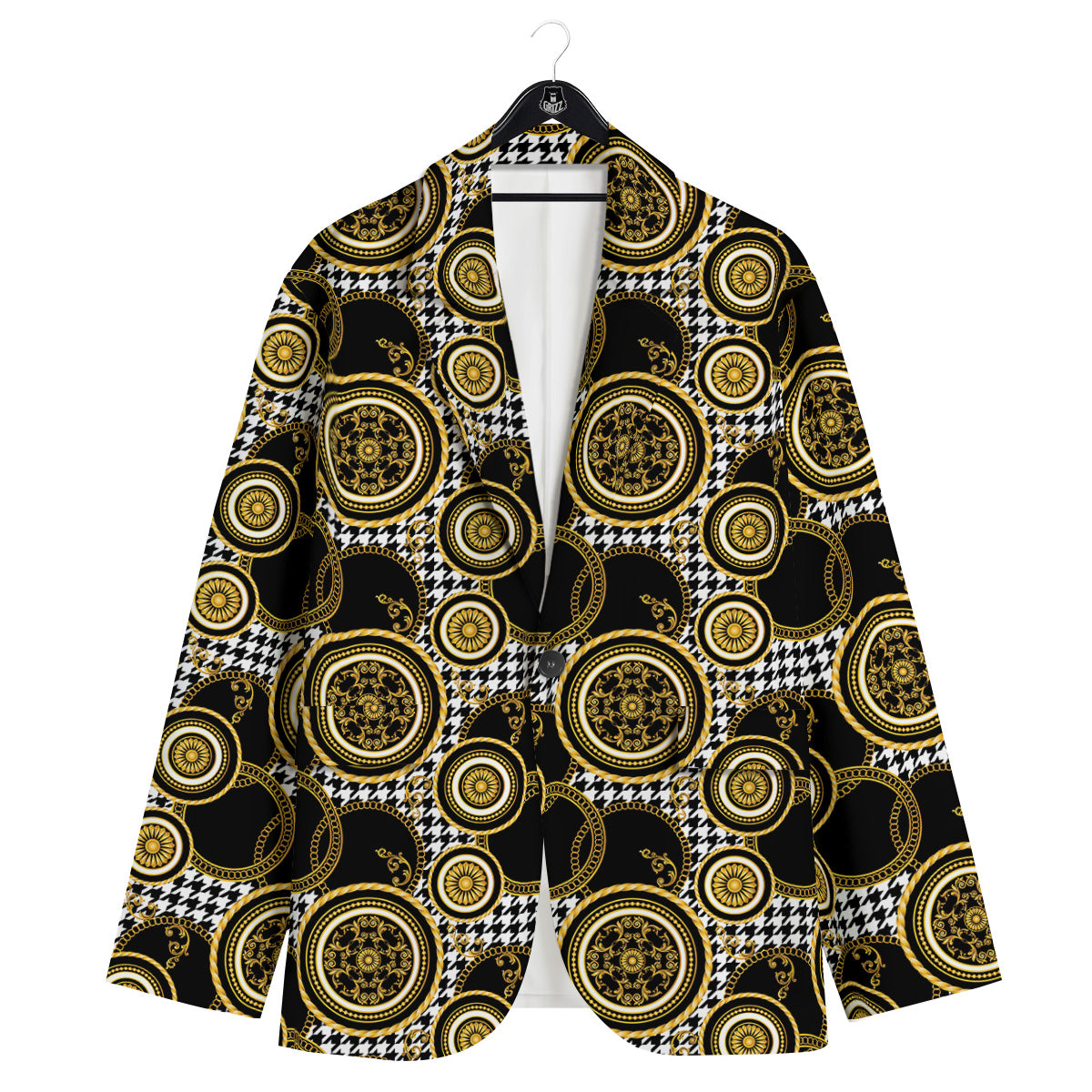 Golden Baroque And Black Houndstooth Print Pattern Men's Sport Coat-grizzshop