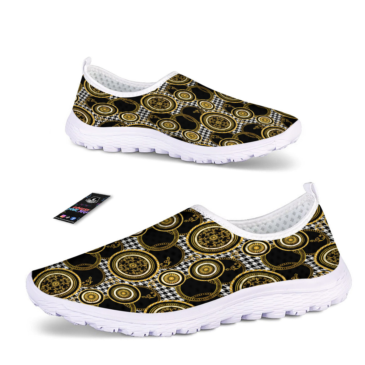 Golden Baroque And Black Houndstooth Print Pattern Nurse Shoes-grizzshop