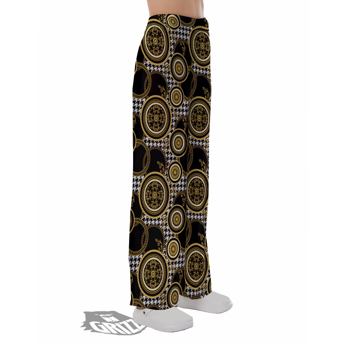Golden Baroque And Black Houndstooth Print Pattern Pajama Pants-grizzshop