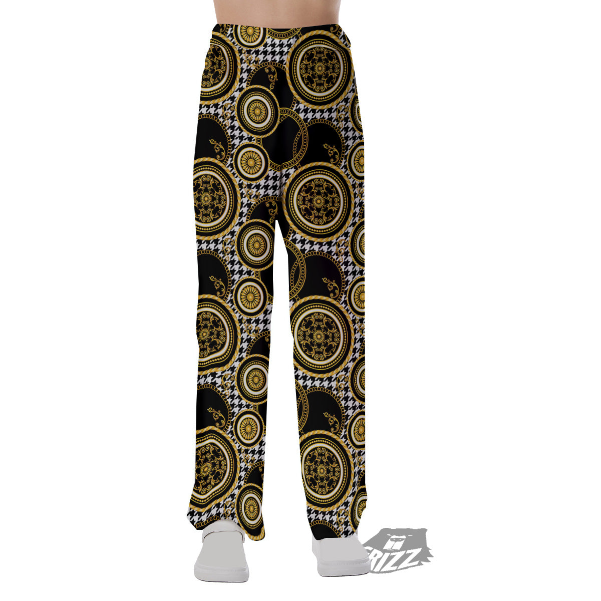 Golden Baroque And Black Houndstooth Print Pattern Pajama Pants-grizzshop
