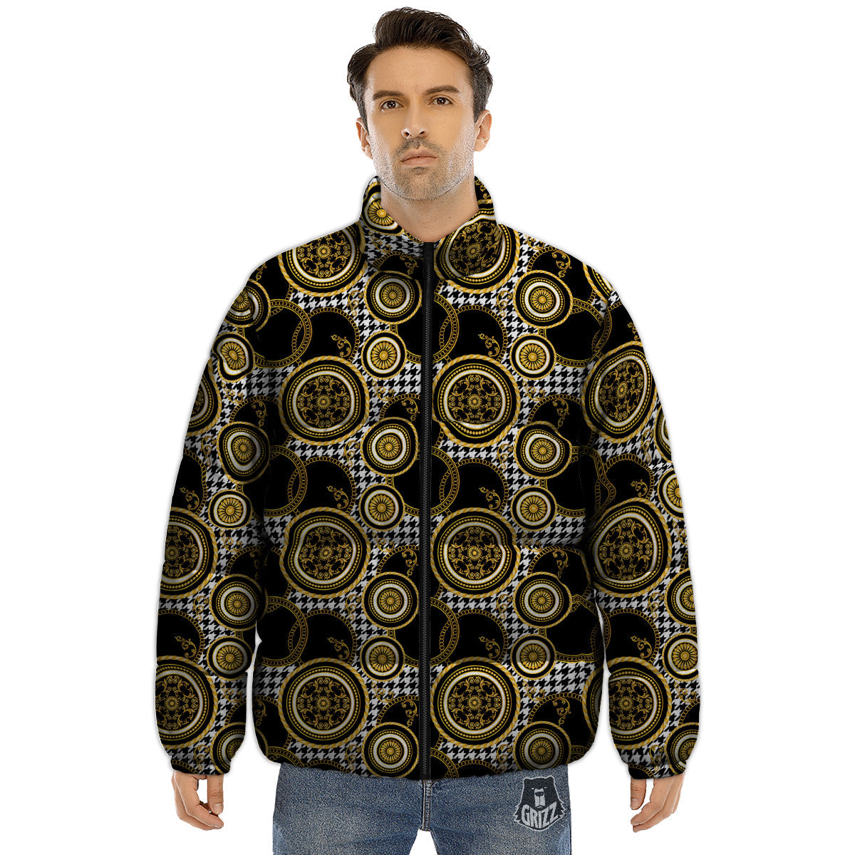 Golden Baroque And Black Houndstooth Print Pattern Puffer Jacket-grizzshop