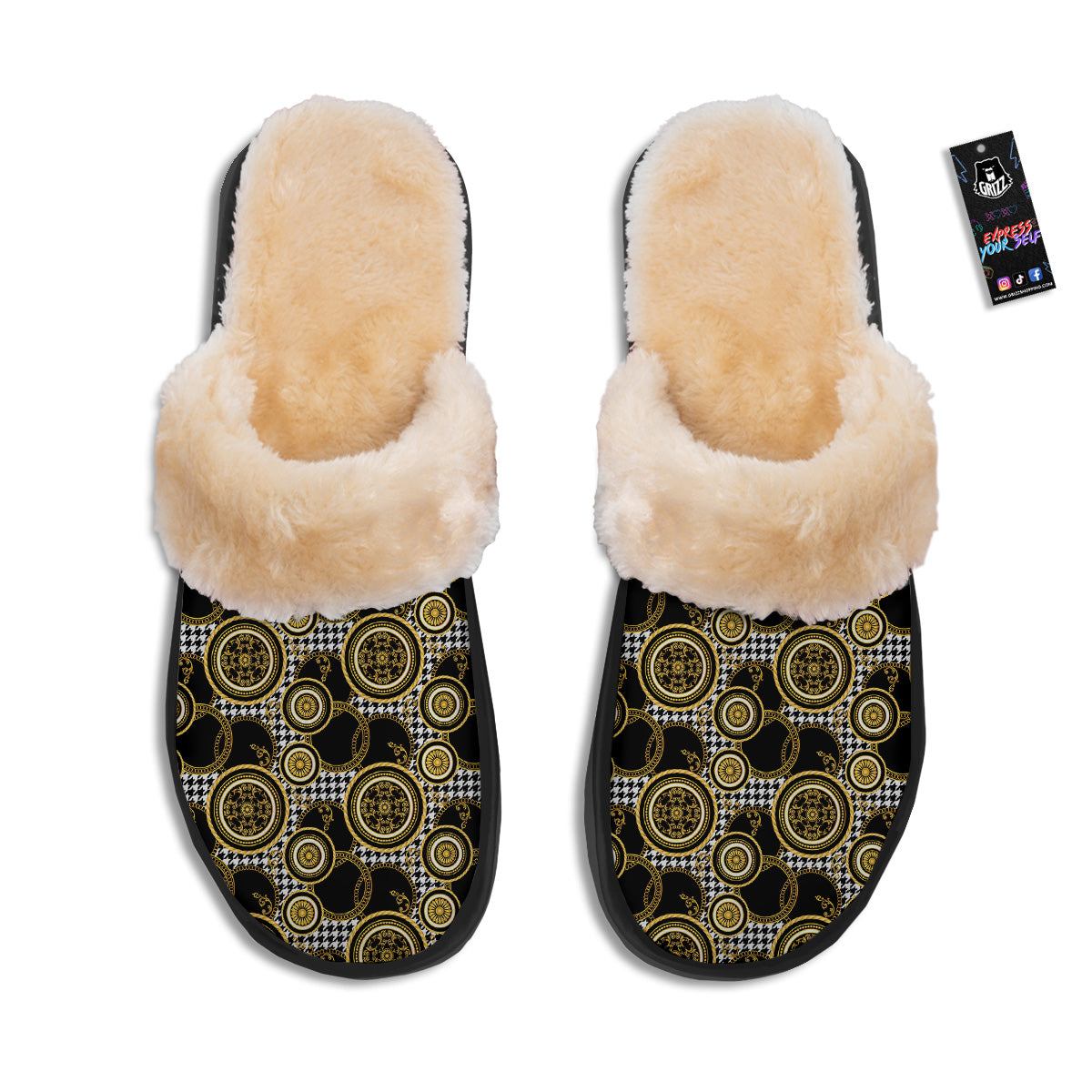 Golden Baroque And Black Houndstooth Print Pattern Slippers-grizzshop