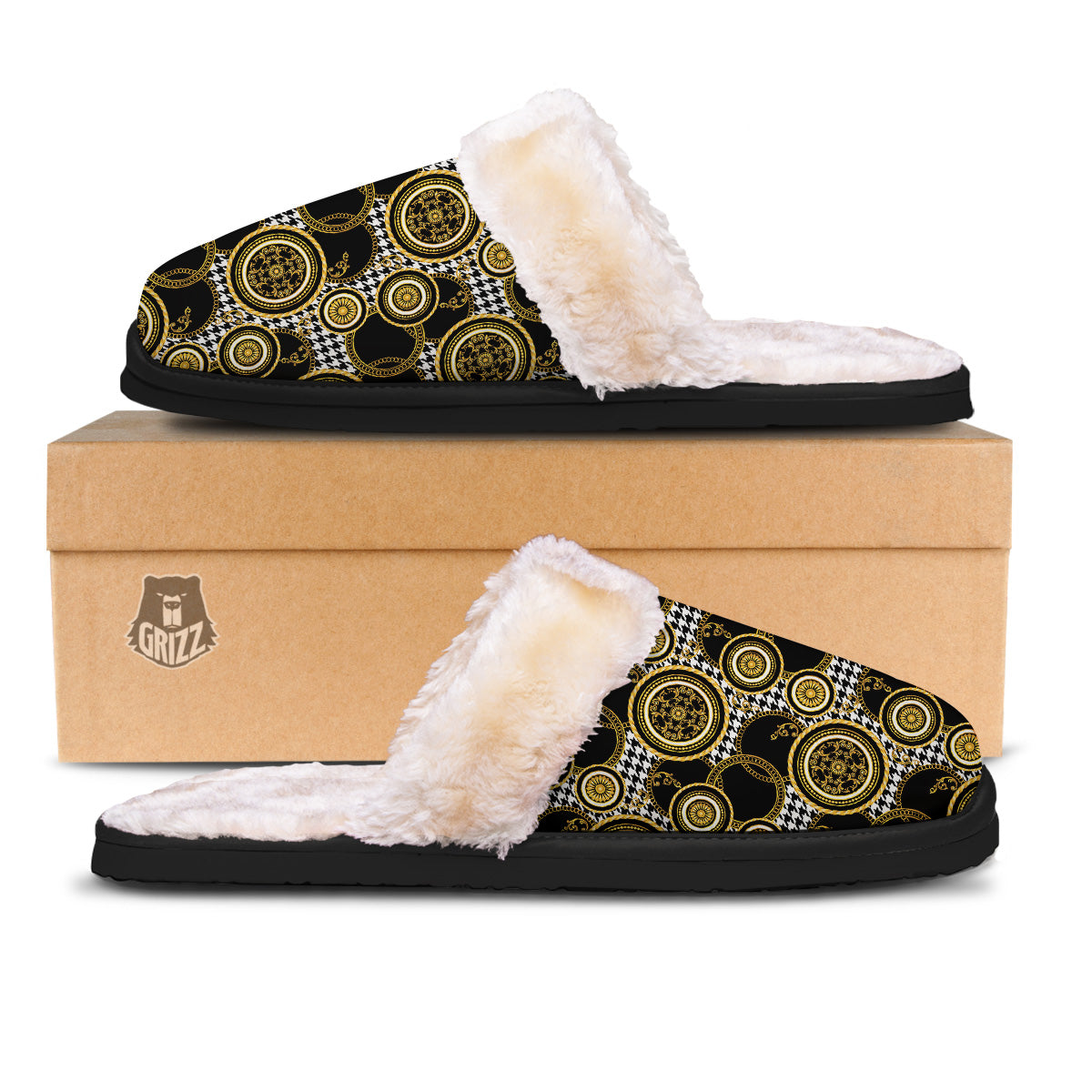 Golden Baroque And Black Houndstooth Print Pattern Slippers-grizzshop