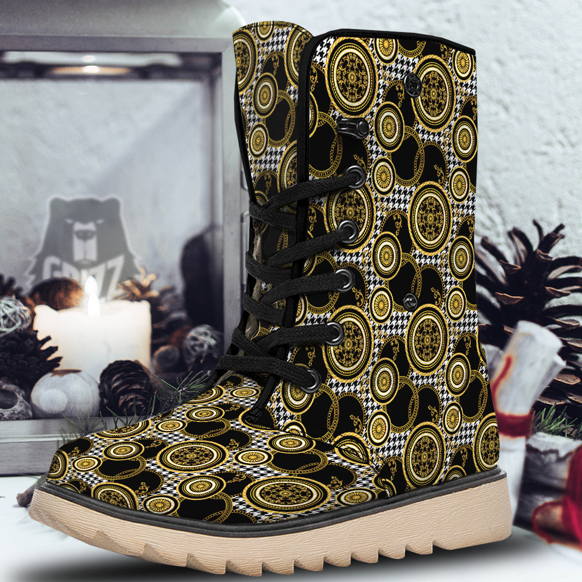 Golden Baroque And Black Houndstooth Print Pattern Snow Boots-grizzshop