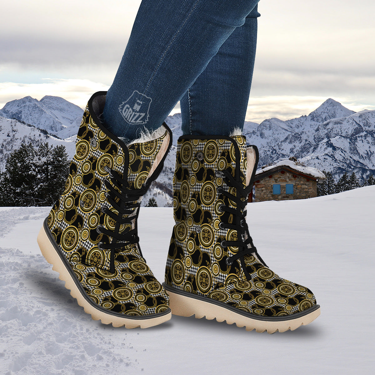 Golden Baroque And Black Houndstooth Print Pattern Snow Boots-grizzshop