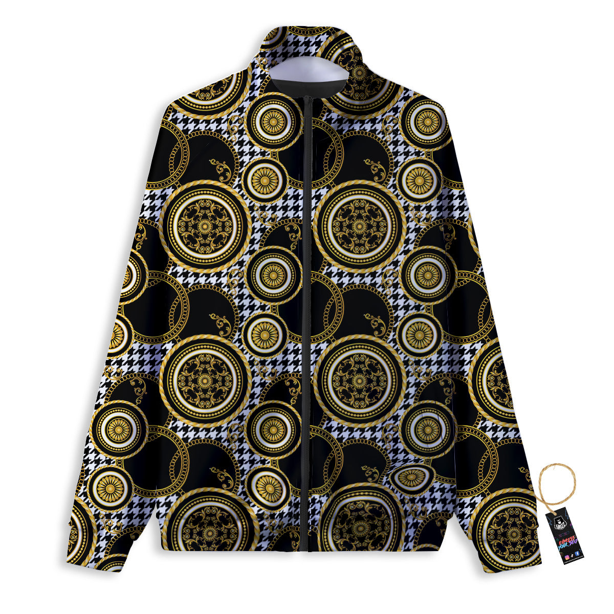 Golden Baroque And Black Houndstooth Print Pattern Track Jacket-grizzshop