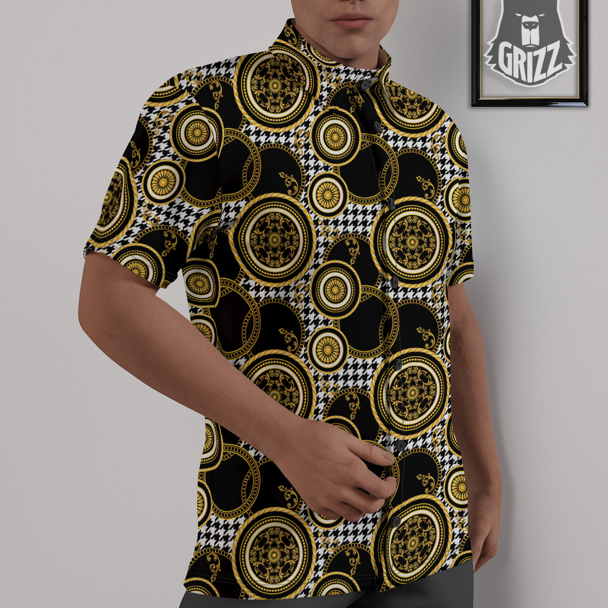 Golden Baroque And Black Houndstooth Print Pattern Untucked Shirts-grizzshop