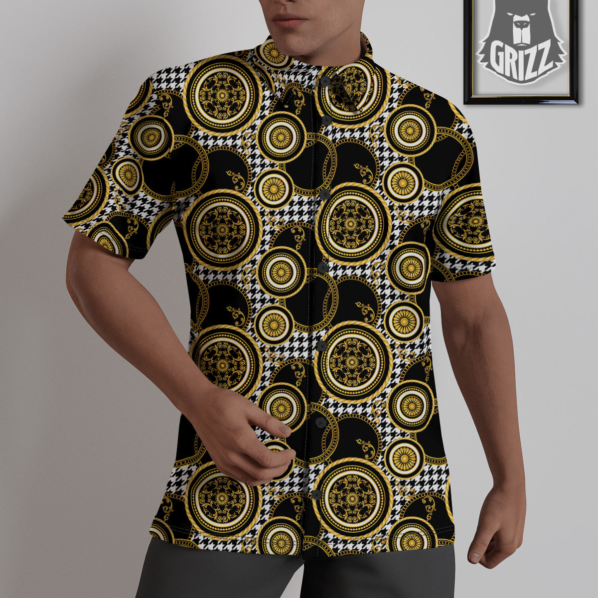 Golden Baroque And Black Houndstooth Print Pattern Untucked Shirts-grizzshop