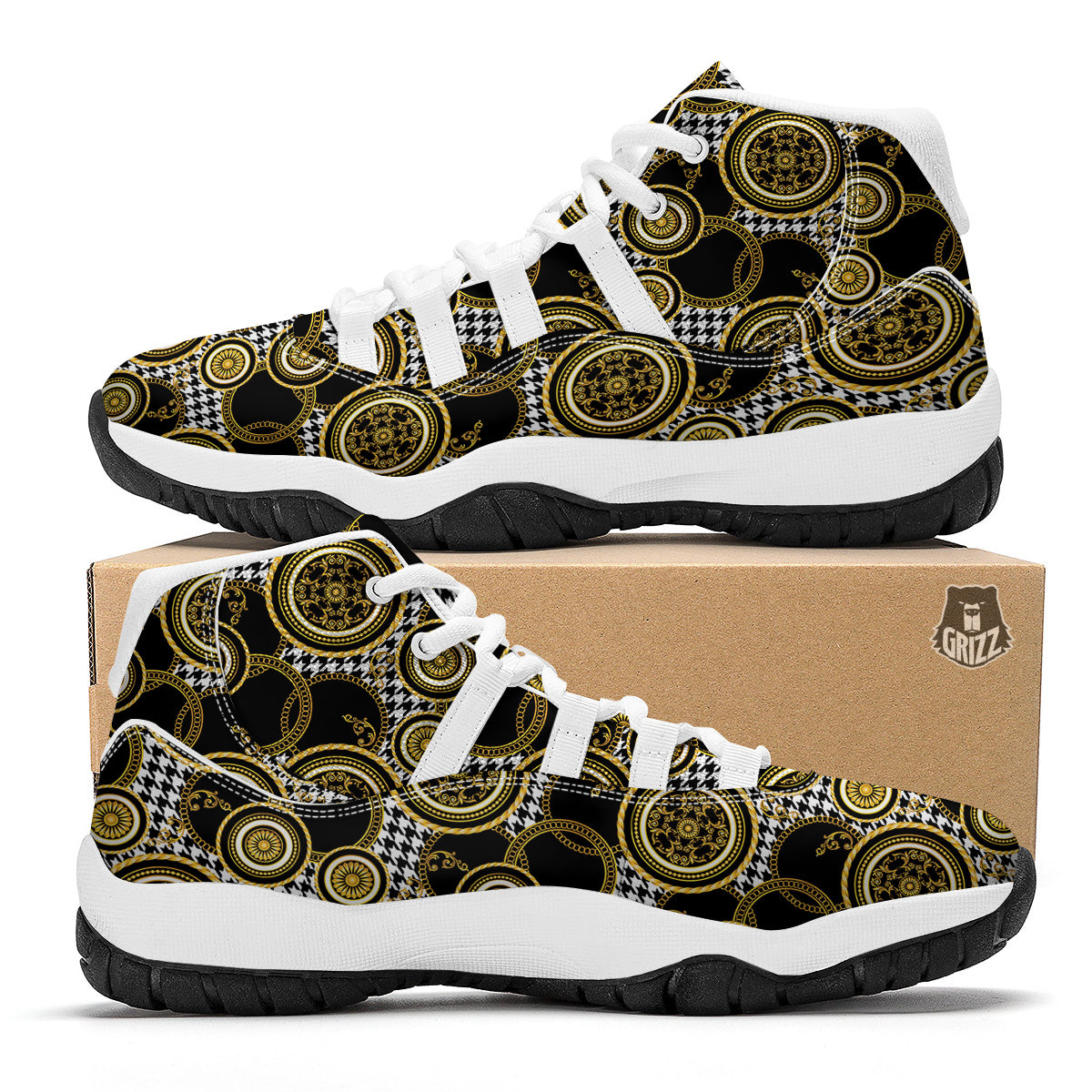 Golden Baroque And Black Houndstooth Print Pattern White Bball Shoes-grizzshop