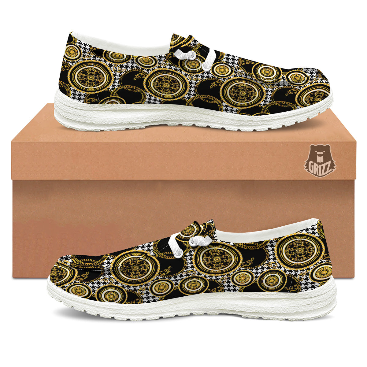 Golden Baroque And Black Houndstooth Print Pattern White Loafers-grizzshop