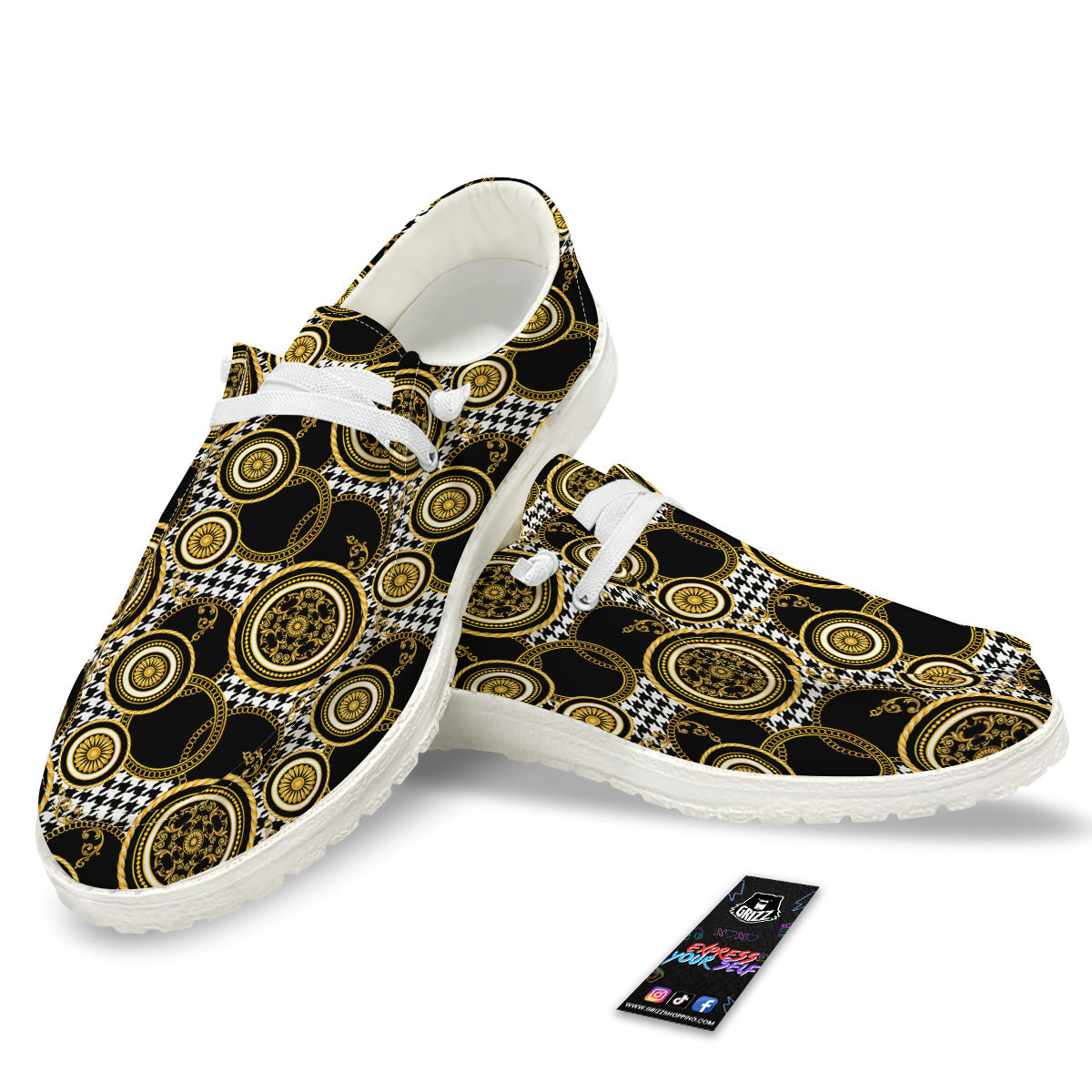 Golden Baroque And Black Houndstooth Print Pattern White Loafers-grizzshop