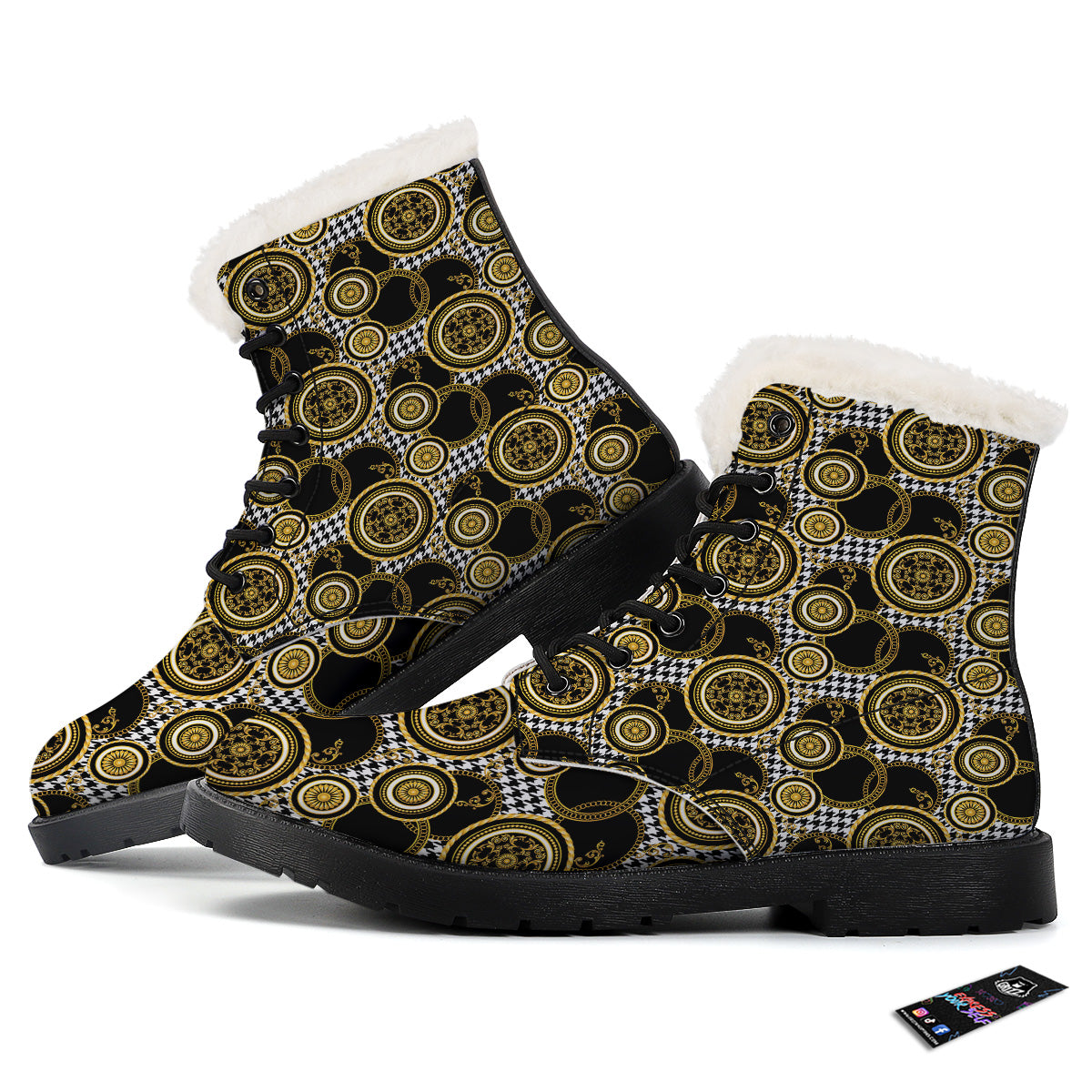 Golden Baroque And Black Houndstooth Print Pattern Winter Boots-grizzshop