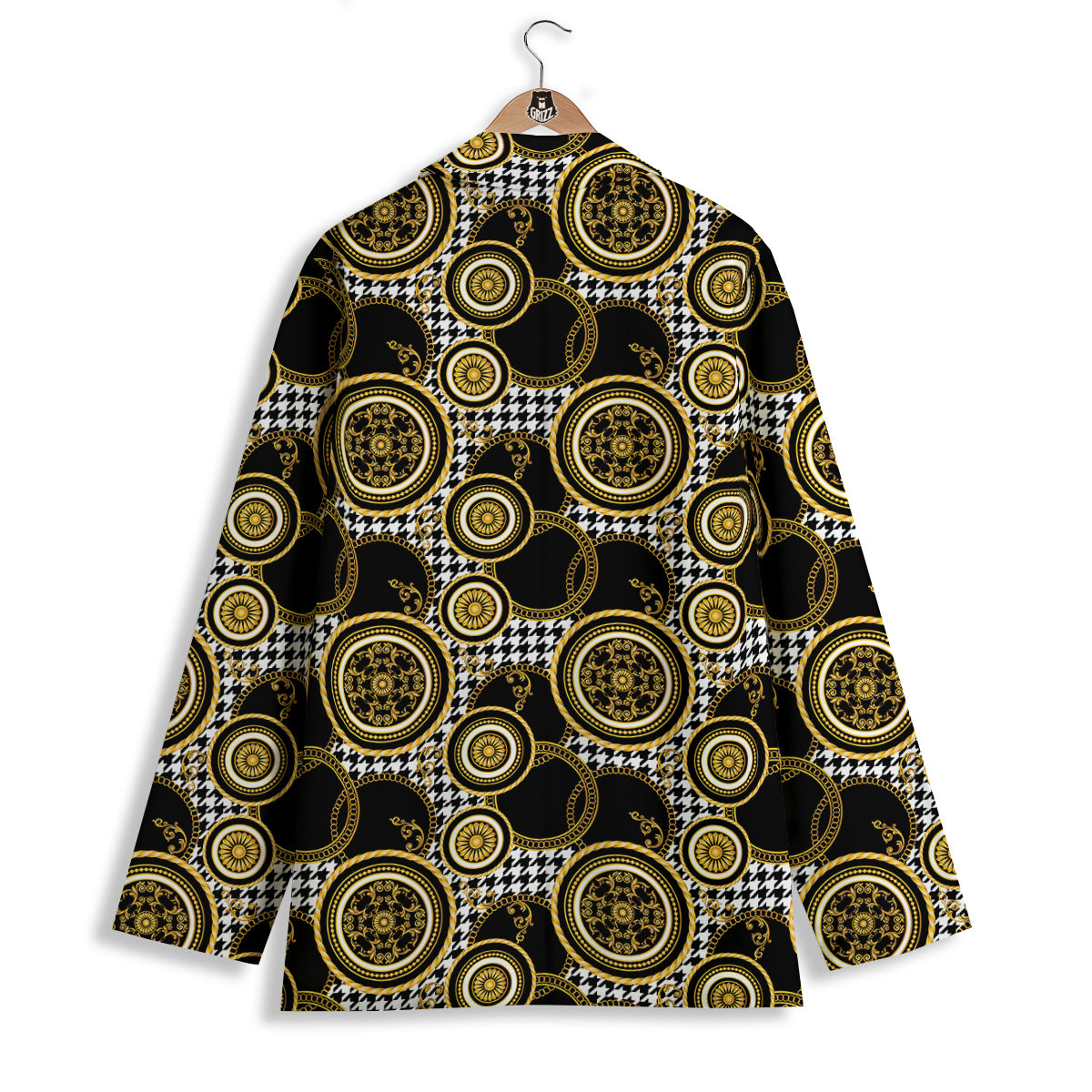 Golden Baroque And Black Houndstooth Print Pattern Women's Blazer-grizzshop