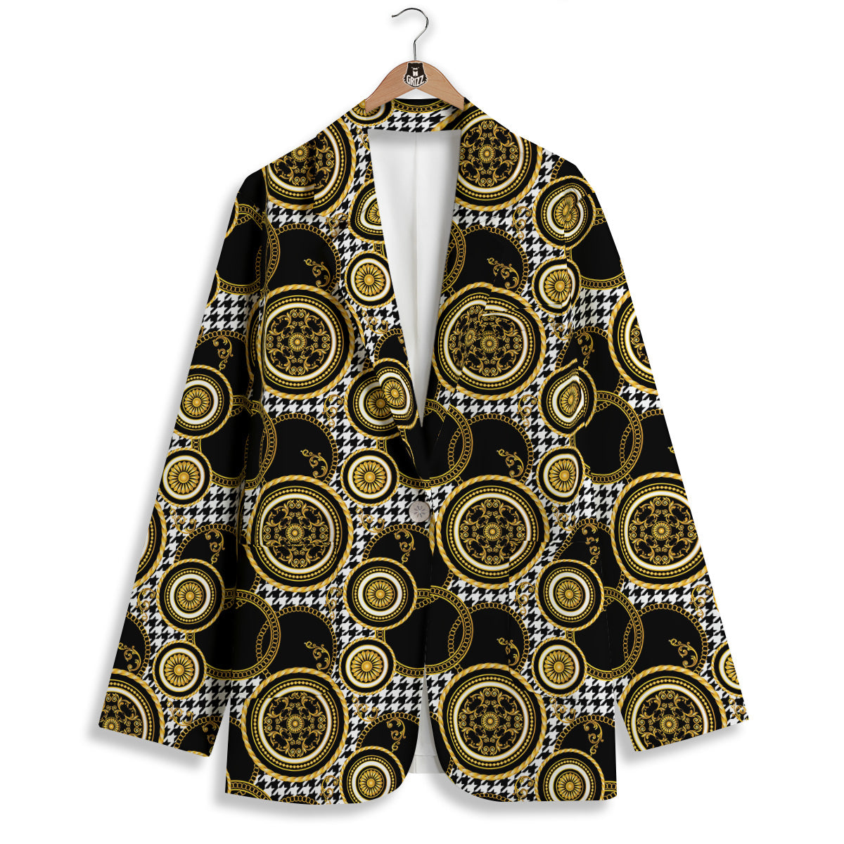 Golden Baroque And Black Houndstooth Print Pattern Women's Blazer-grizzshop
