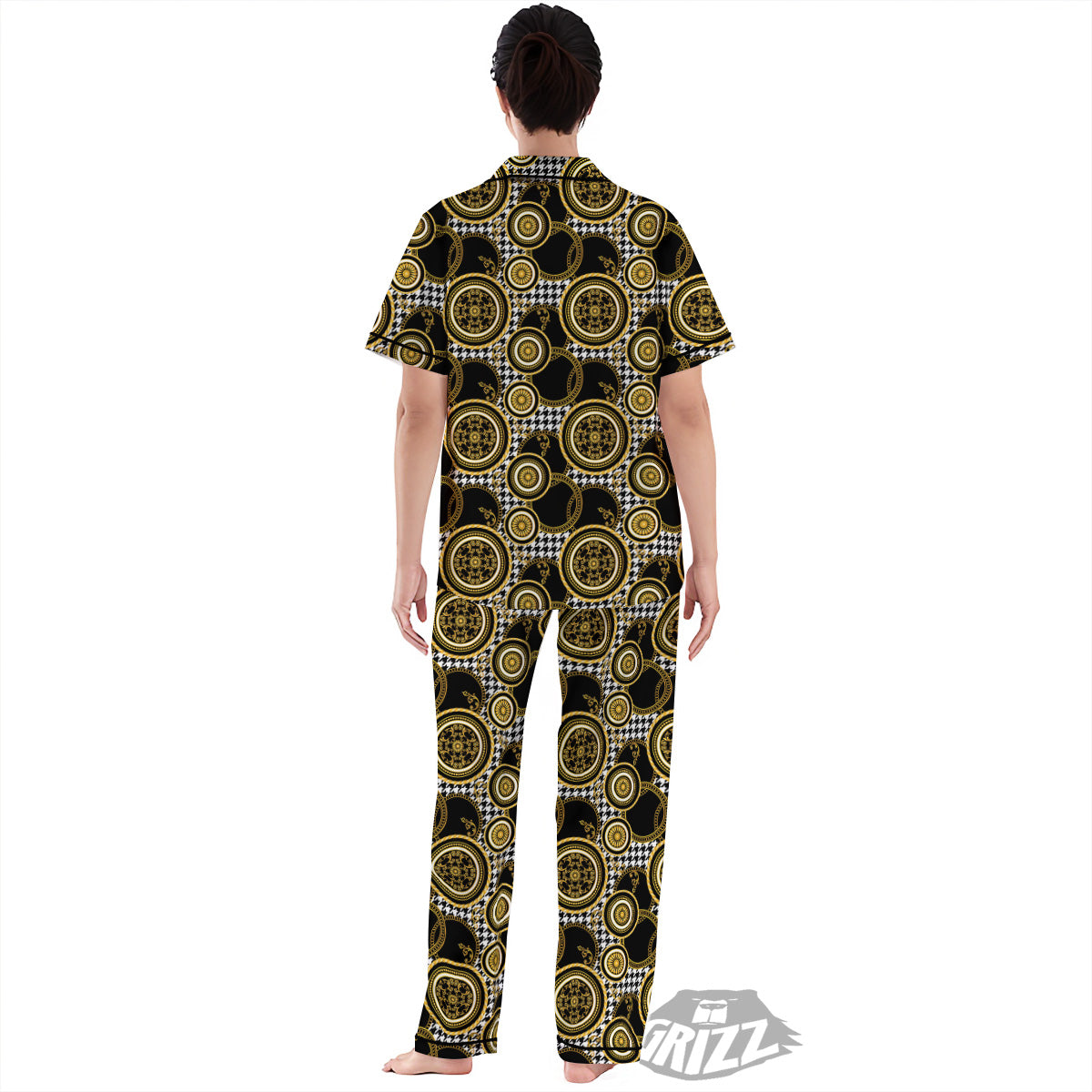 Golden Baroque And Black Houndstooth Print Pattern Women's Pajamas Set-grizzshop