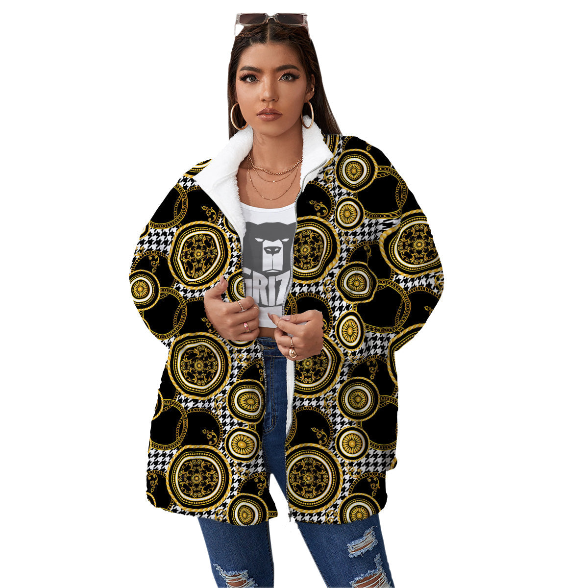 Golden Baroque And Black Houndstooth Print Pattern Women's Sherpa Jacket-grizzshop