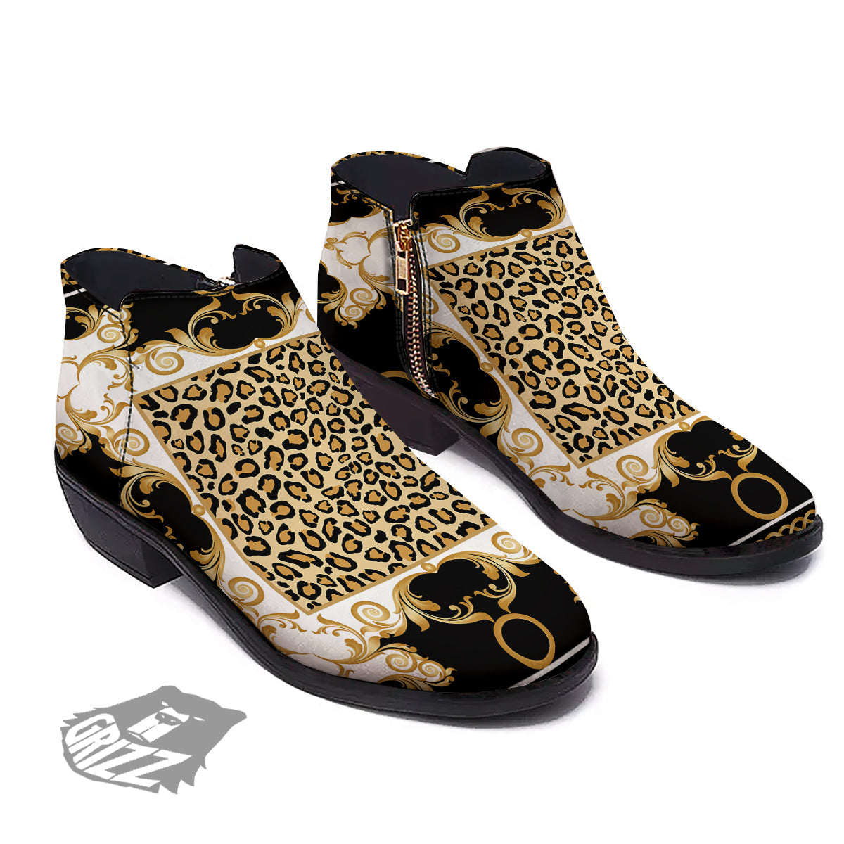 Golden Baroque And Leopard Print Ankle Boots-grizzshop