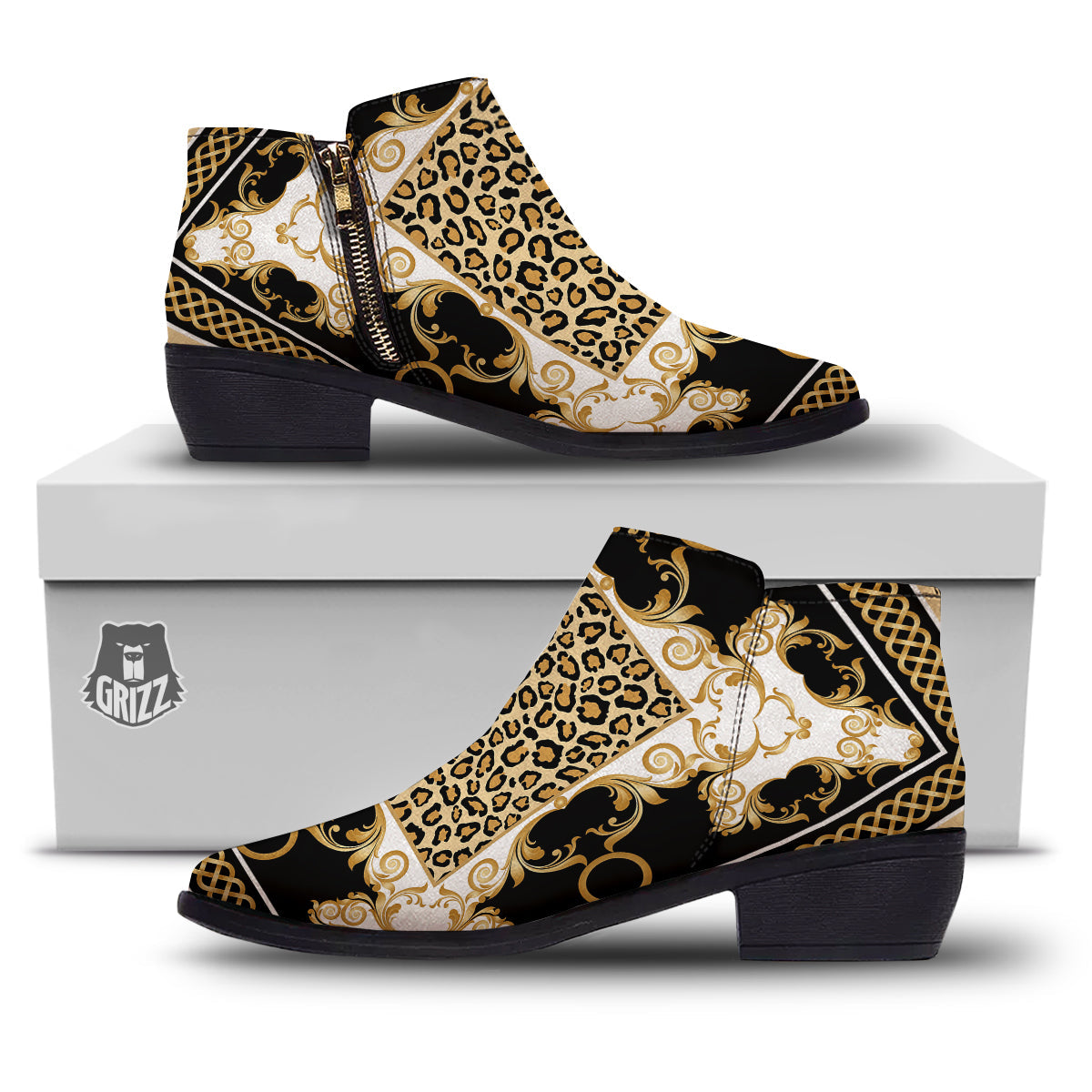 Golden Baroque And Leopard Print Ankle Boots-grizzshop