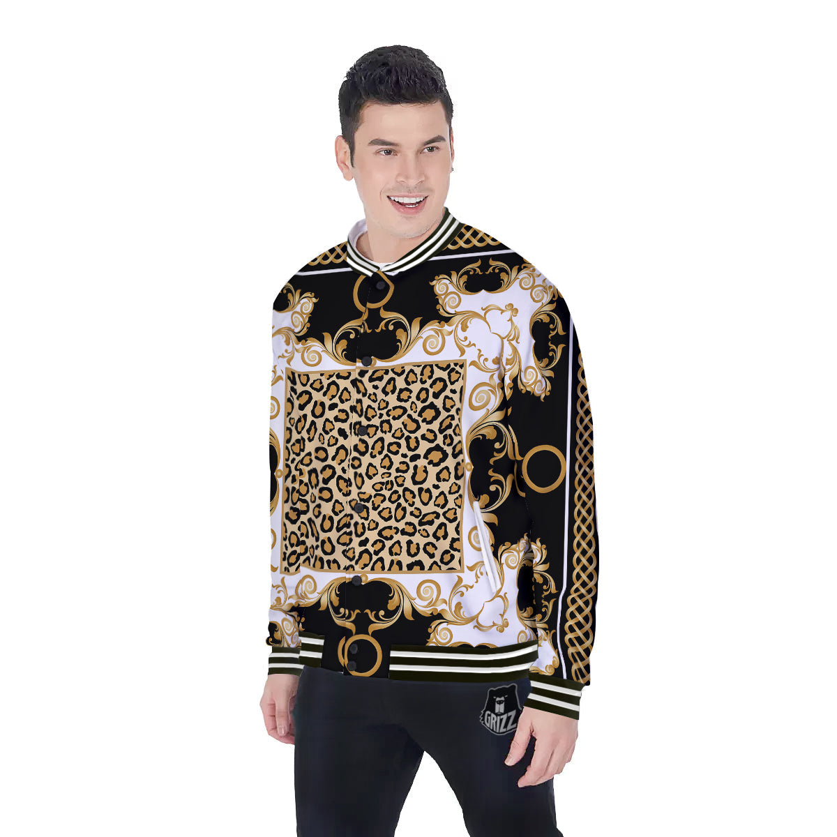 Golden Baroque And Leopard Print Baseball Jacket-grizzshop