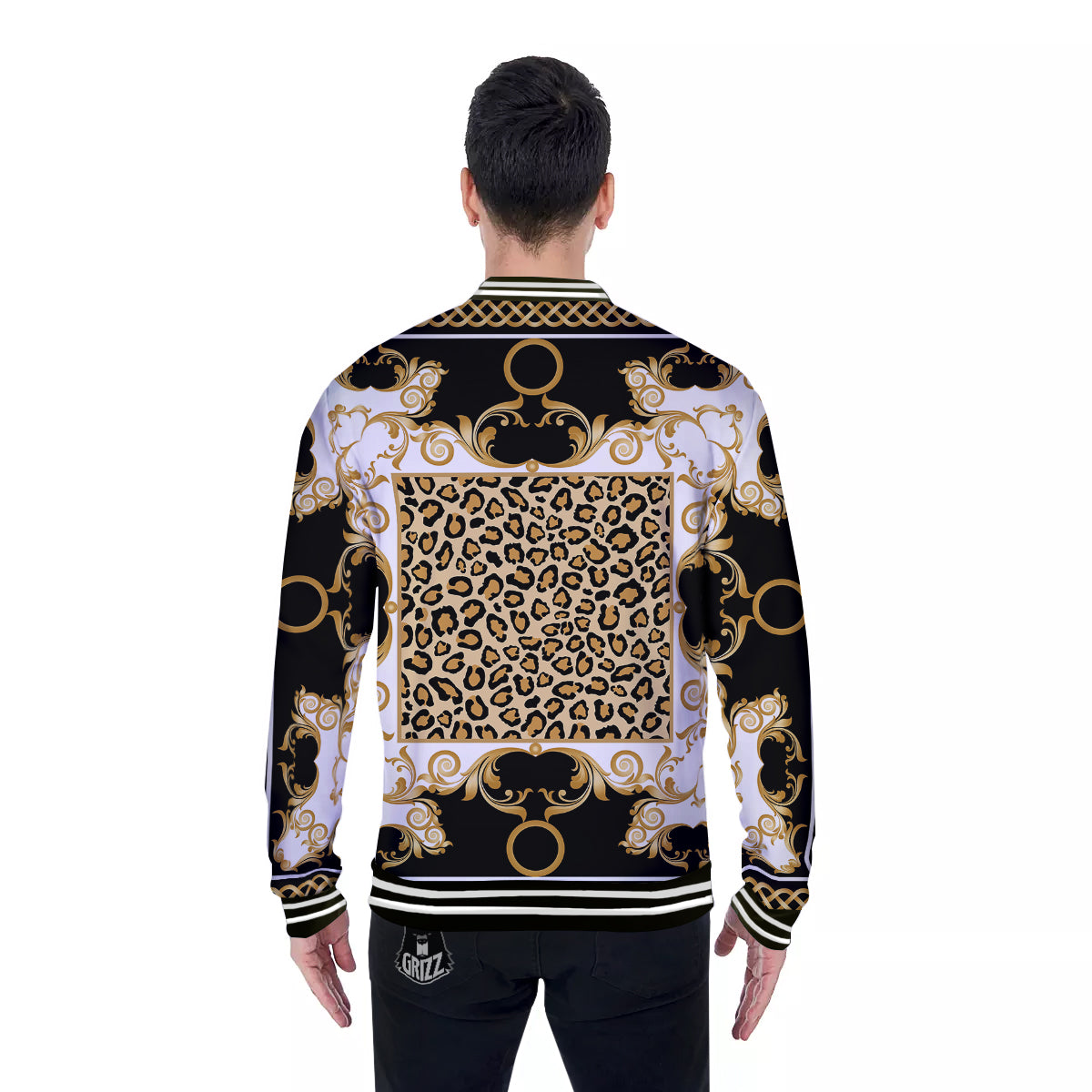 Golden Baroque And Leopard Print Baseball Jacket-grizzshop