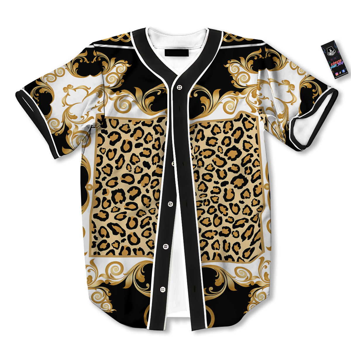 Golden Baroque And Leopard Print Baseball Jersey-grizzshop