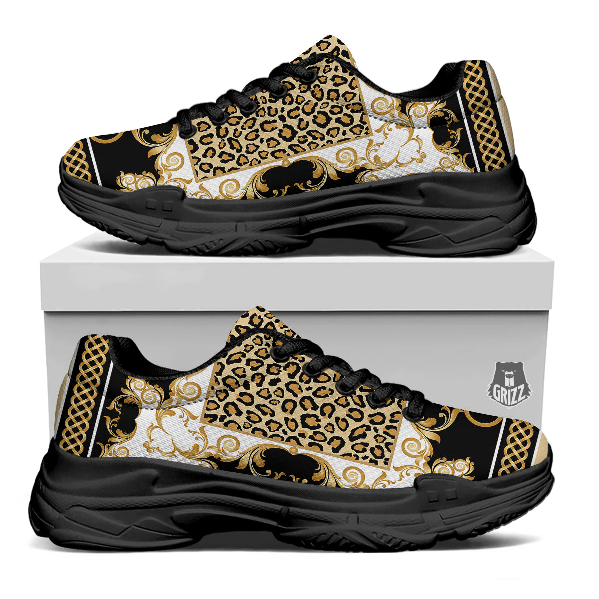 Golden Baroque And Leopard Print Black Chunky Shoes-grizzshop