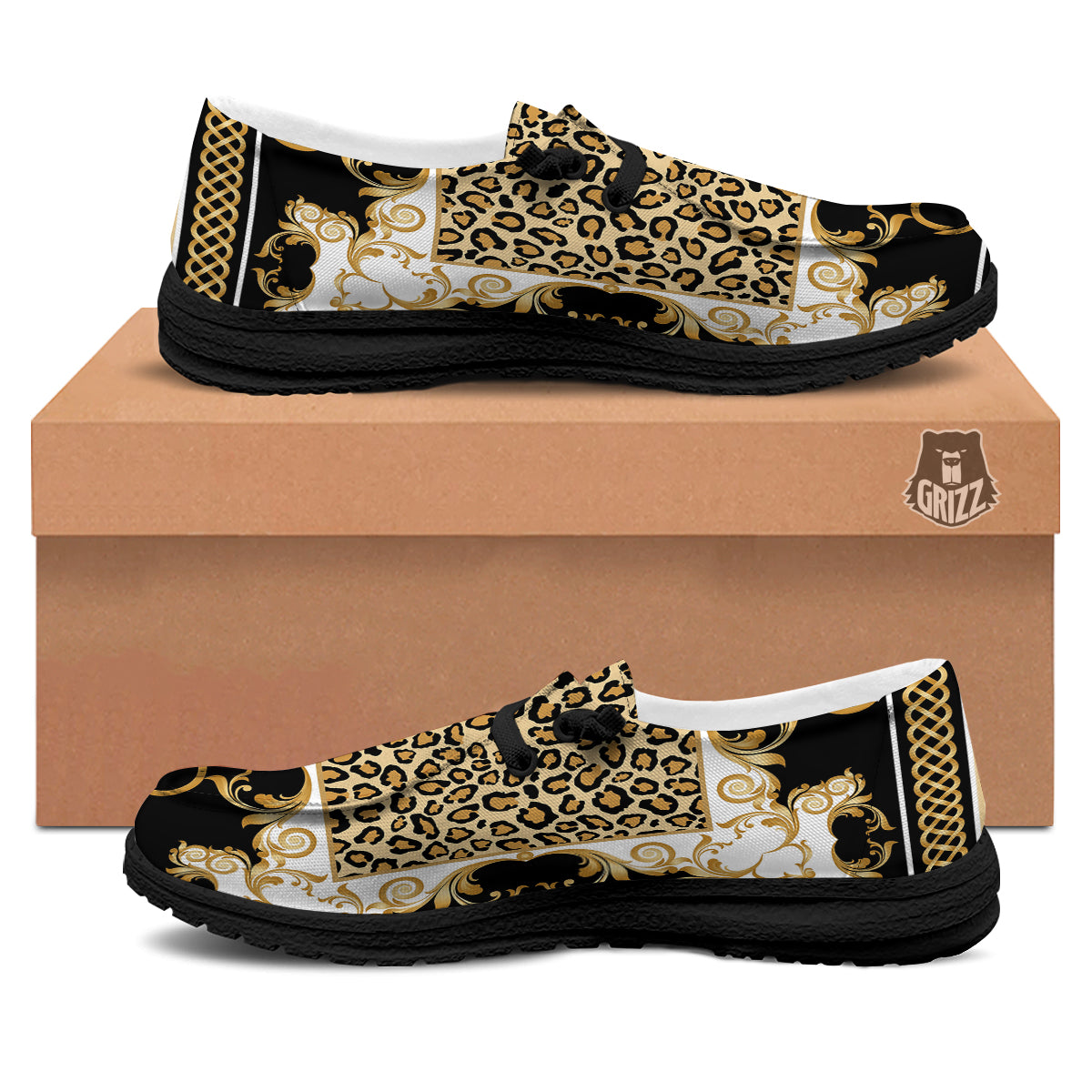 Golden Baroque And Leopard Print Black Loafers-grizzshop