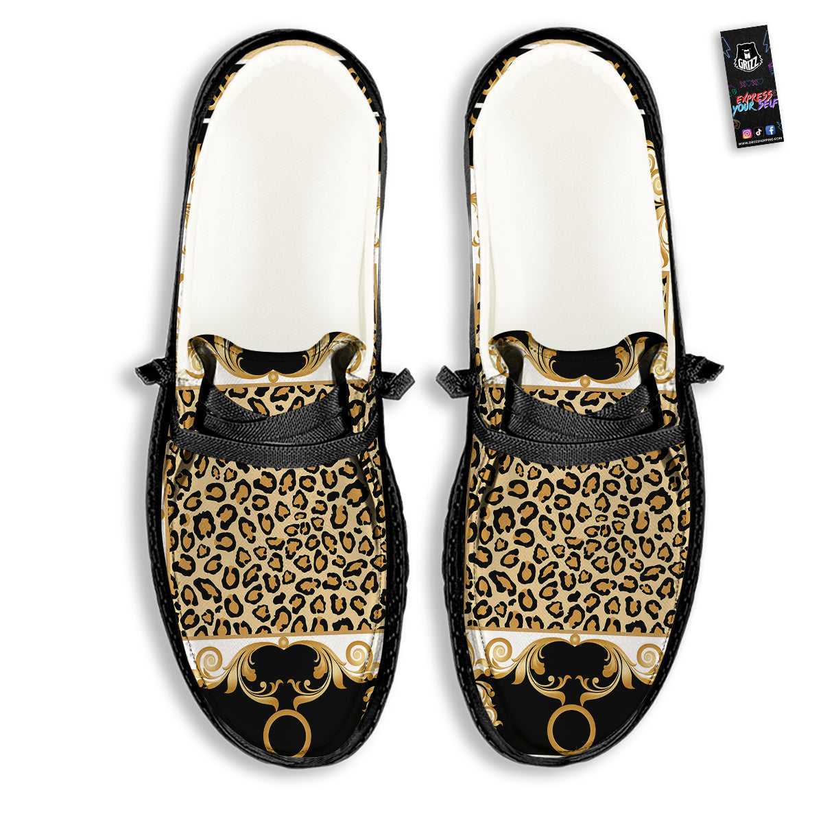 Golden Baroque And Leopard Print Black Loafers-grizzshop