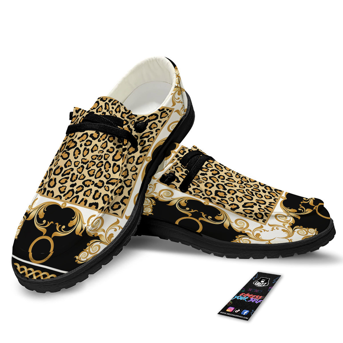 Golden Baroque And Leopard Print Black Loafers-grizzshop