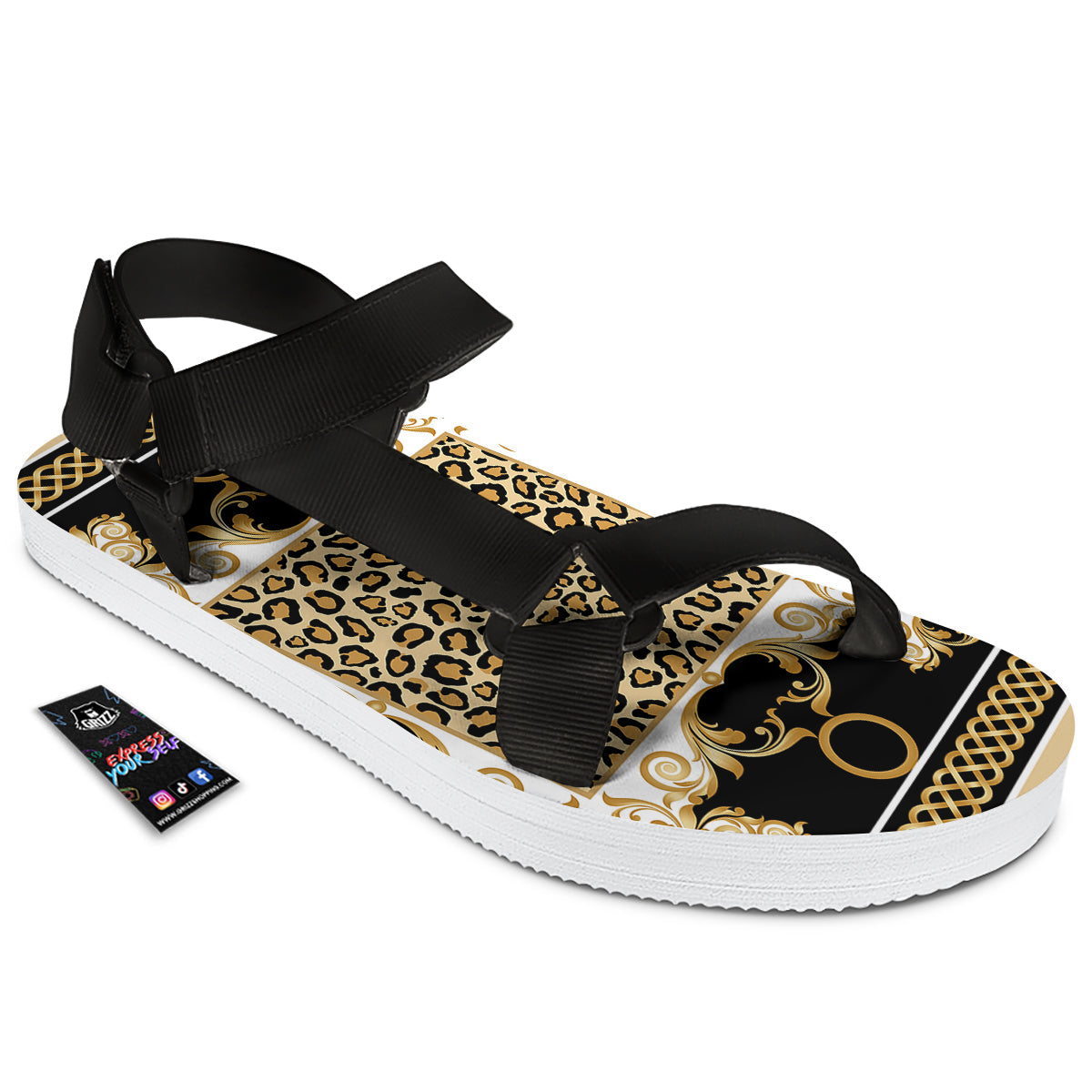 Golden Baroque And Leopard Print Black Open Toe Sandals-grizzshop
