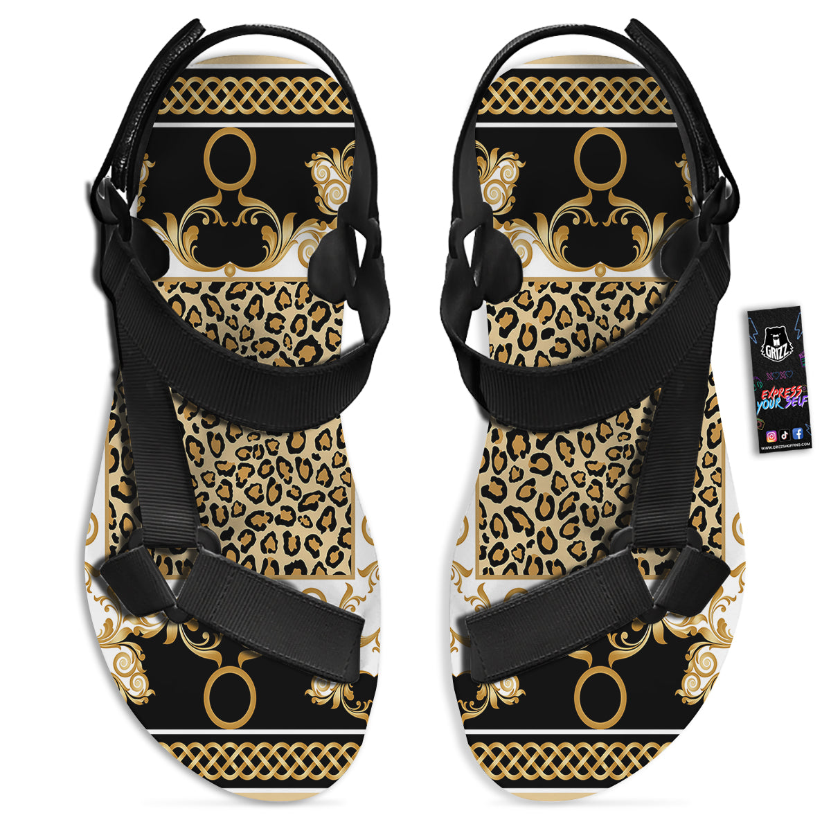 Golden Baroque And Leopard Print Black Open Toe Sandals-grizzshop