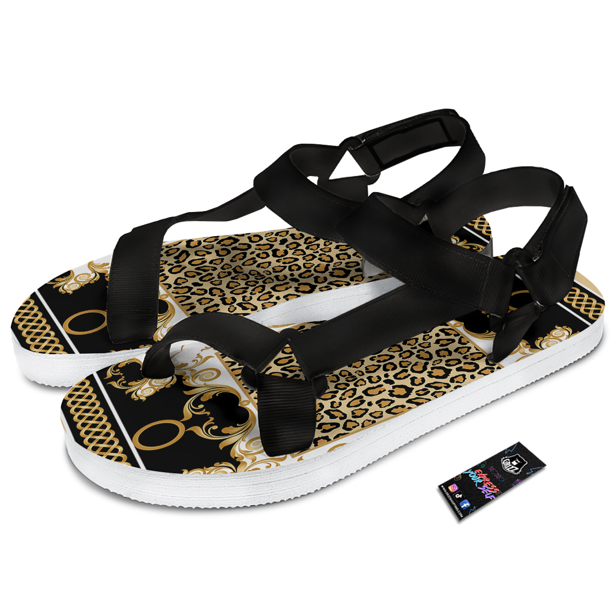 Golden Baroque And Leopard Print Black Open Toe Sandals-grizzshop