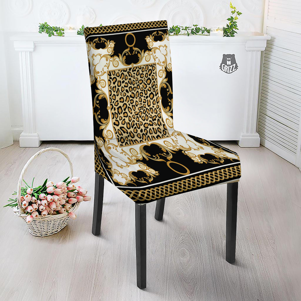 Golden Baroque And Leopard Print Dining Chair Slipcover-grizzshop