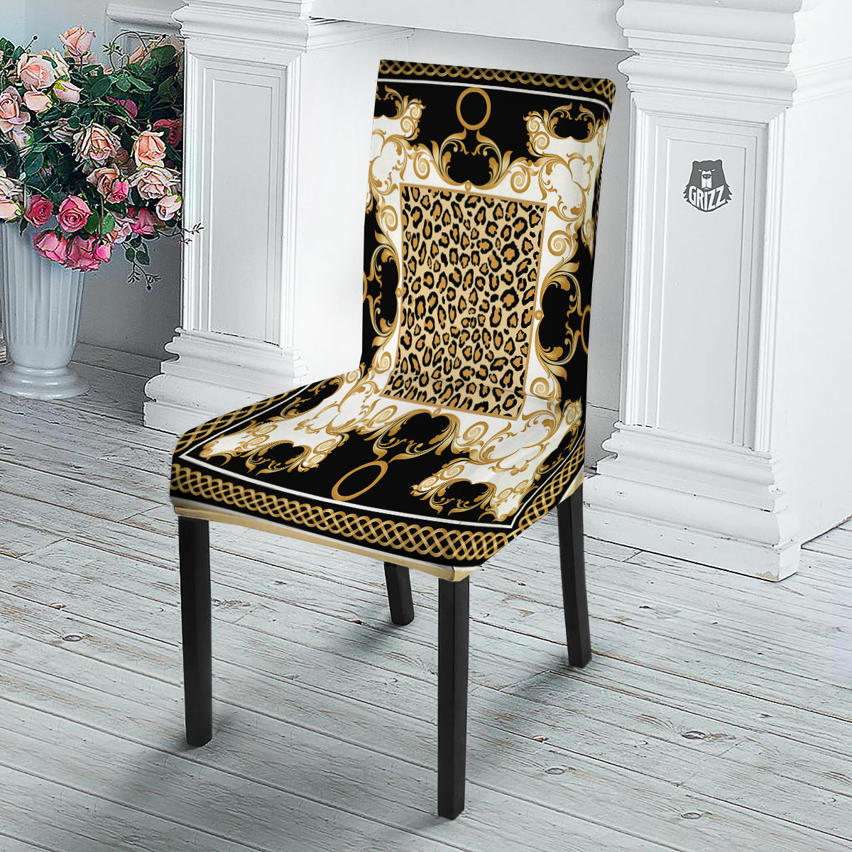 Golden Baroque And Leopard Print Dining Chair Slipcover-grizzshop