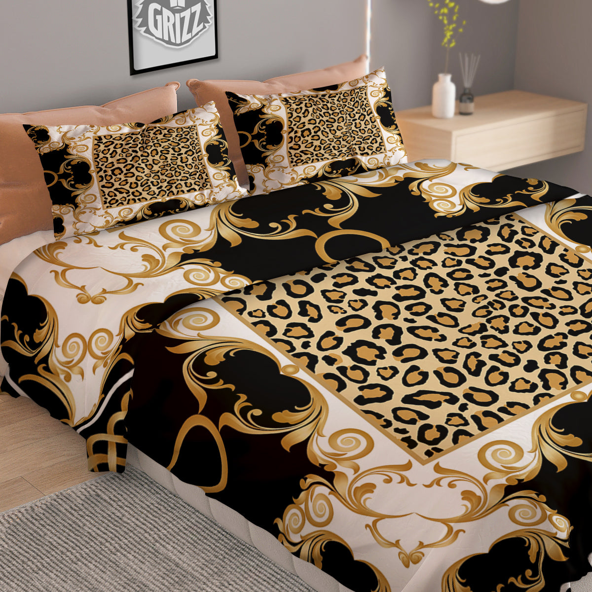Golden Baroque And Leopard Print Duvet Cover Bedding Set