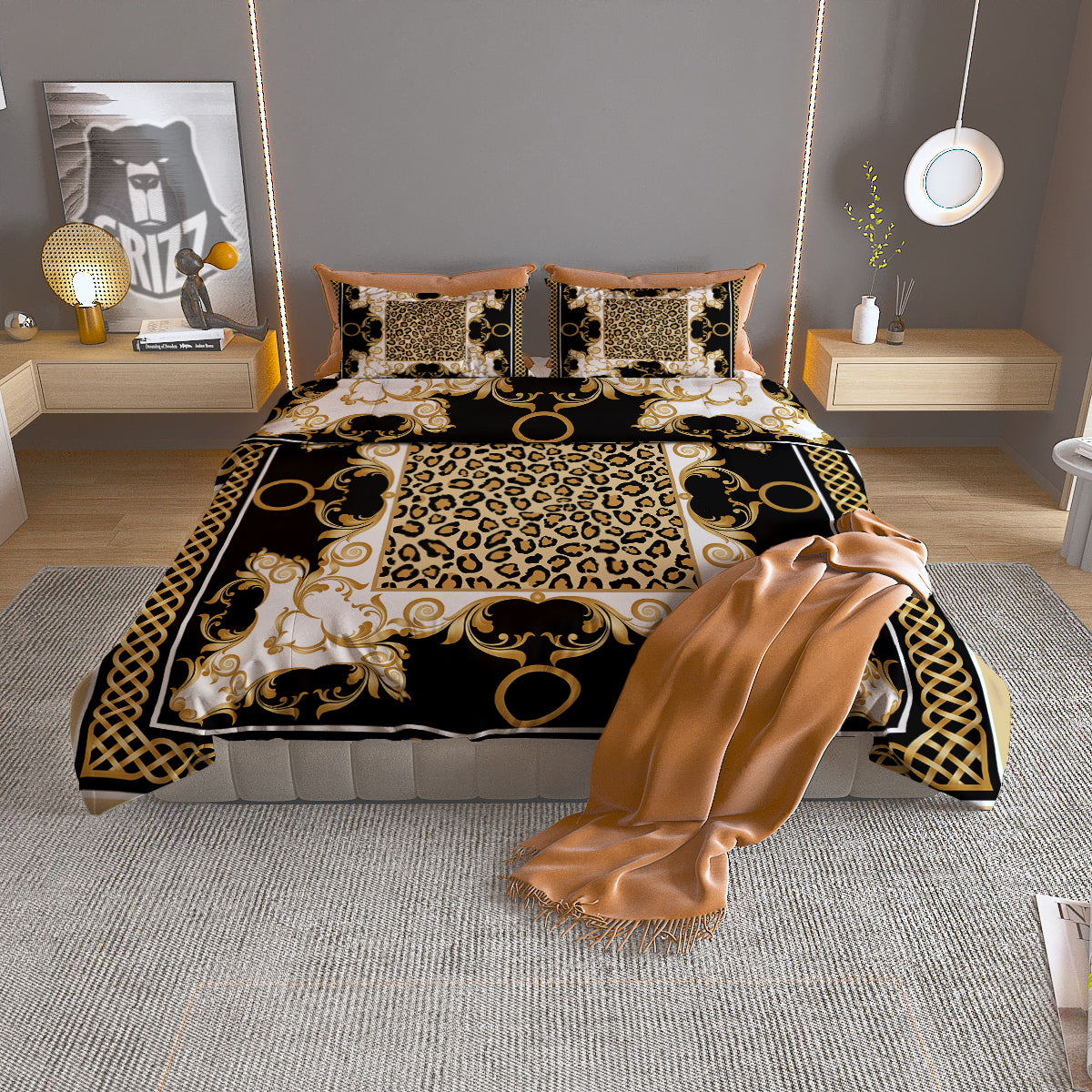 Golden Baroque And Leopard Print Duvet Cover Bedding Set