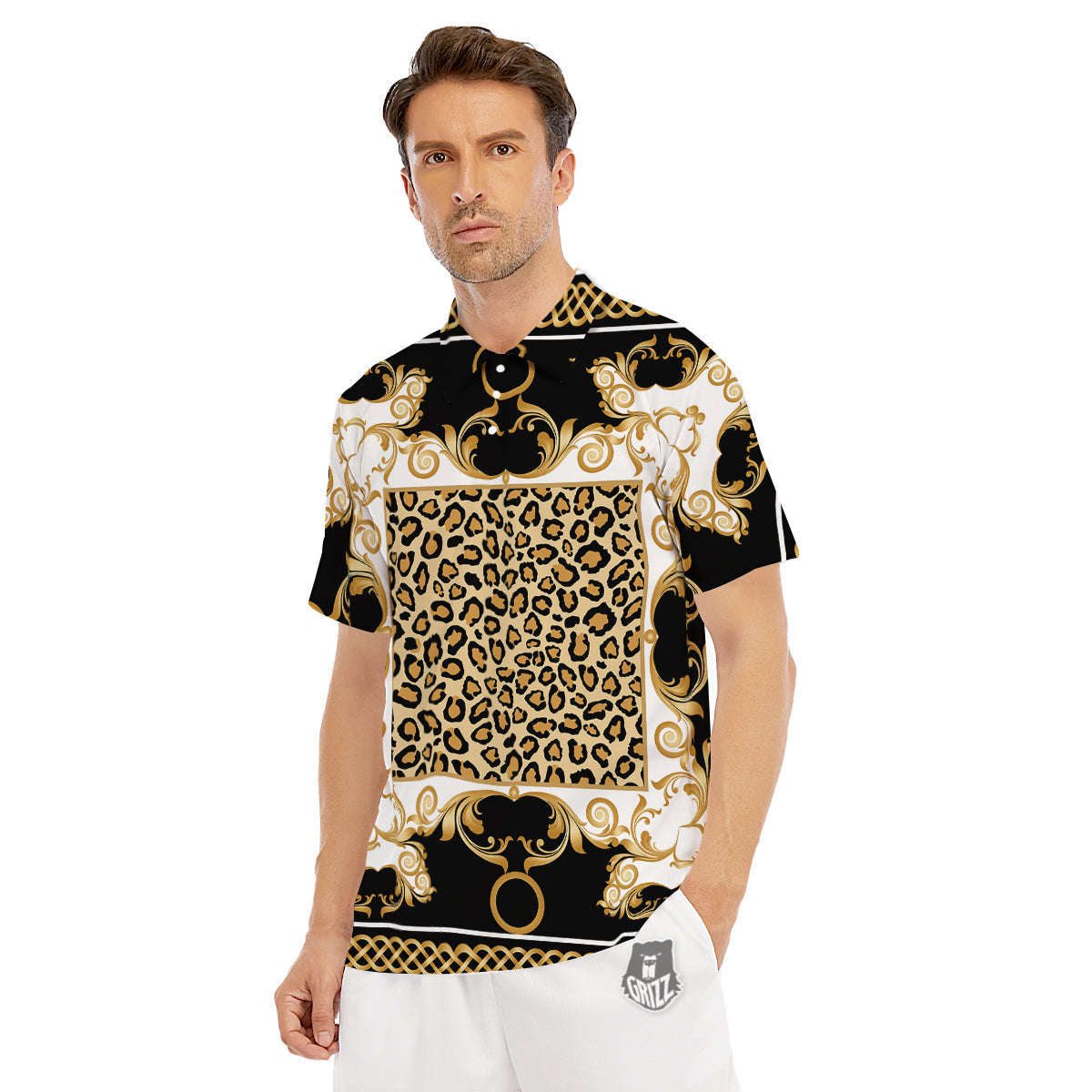 Golden Baroque And Leopard Print Men's Golf Shirts-grizzshop