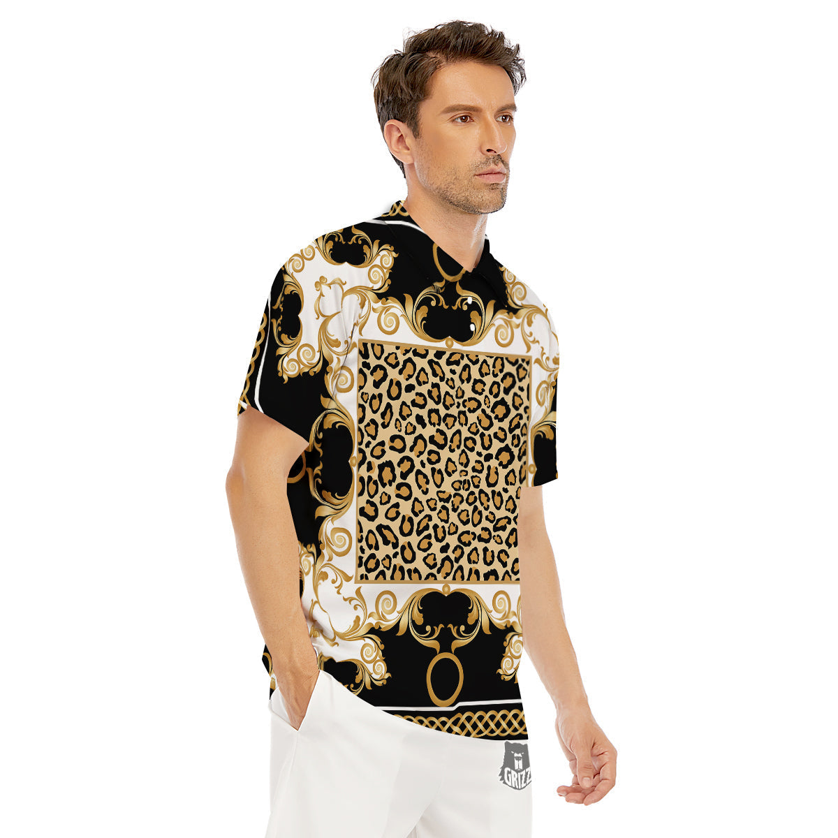 Golden Baroque And Leopard Print Men's Golf Shirts-grizzshop