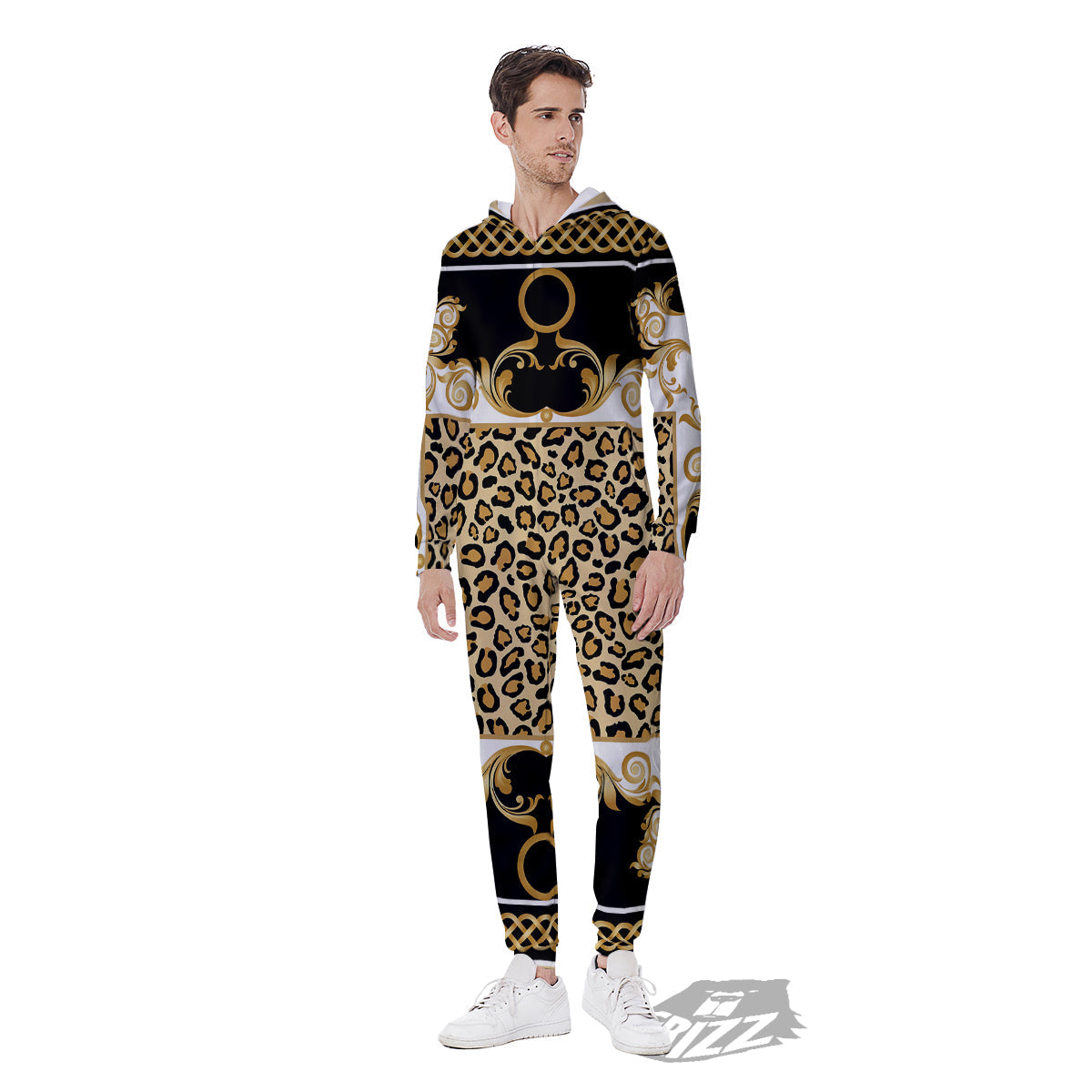 Golden Baroque And Leopard Print Men's Jumpsuit-grizzshop