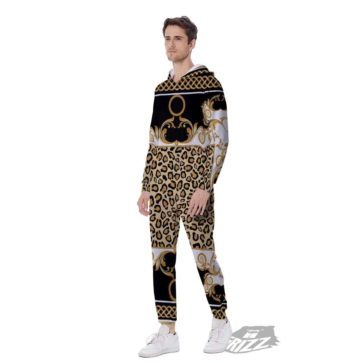 Golden Baroque And Leopard Print Men's Jumpsuit-grizzshop