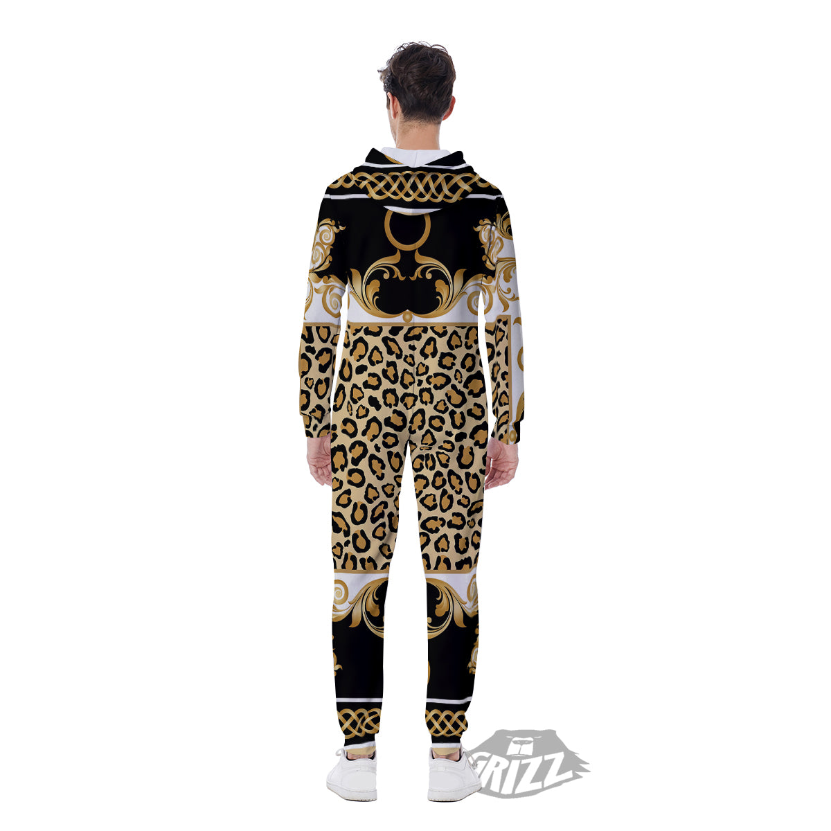 Golden Baroque And Leopard Print Men's Jumpsuit-grizzshop