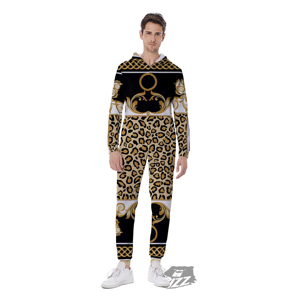 Golden Baroque And Leopard Print Men's Jumpsuit-grizzshop