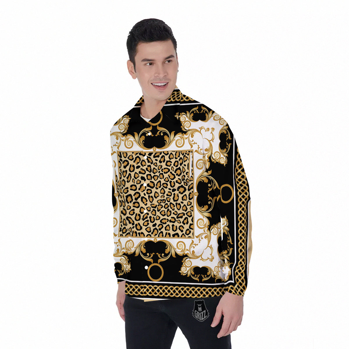 Golden Baroque And Leopard Print Men's Long Sleeve Shirts-grizzshop