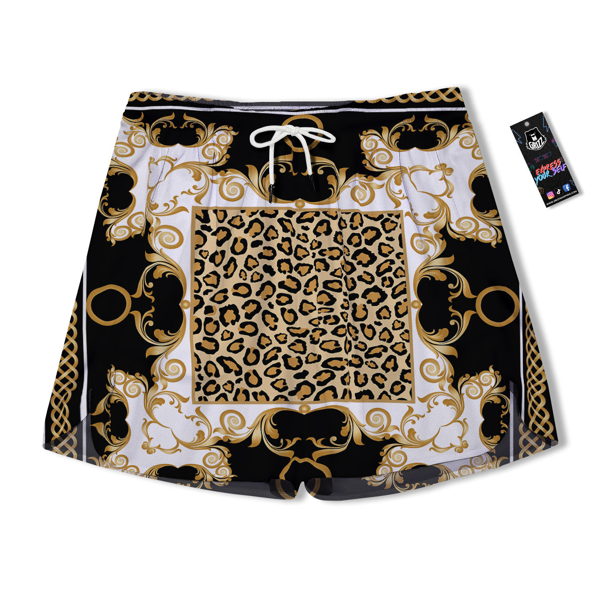 Golden Baroque And Leopard Print Men's Running Shorts-grizzshop