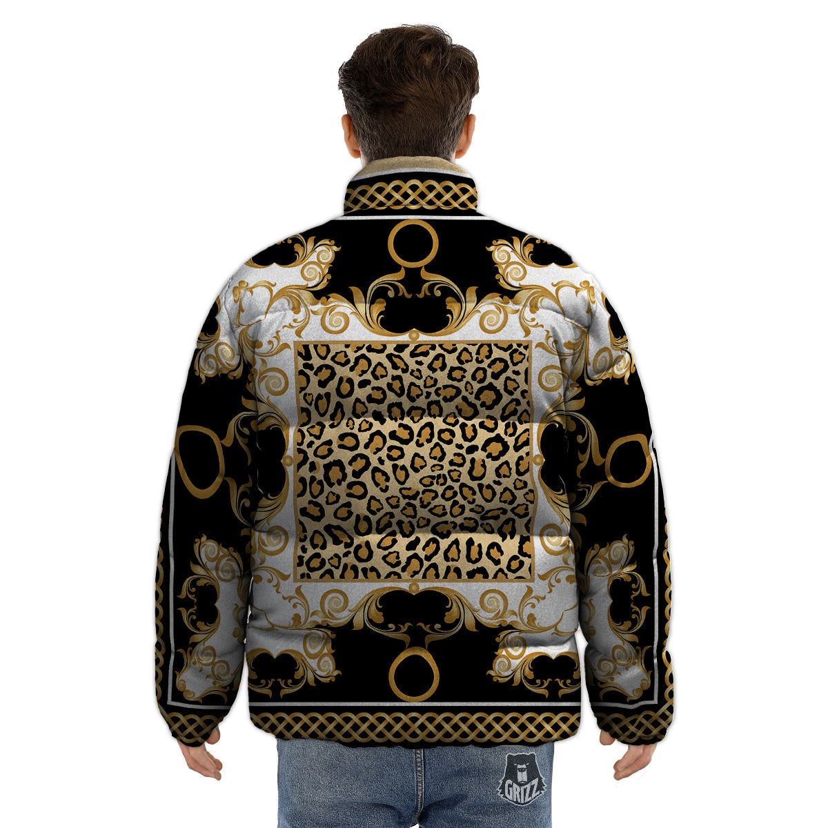 Golden Baroque And Leopard Print Puffer Jacket-grizzshop