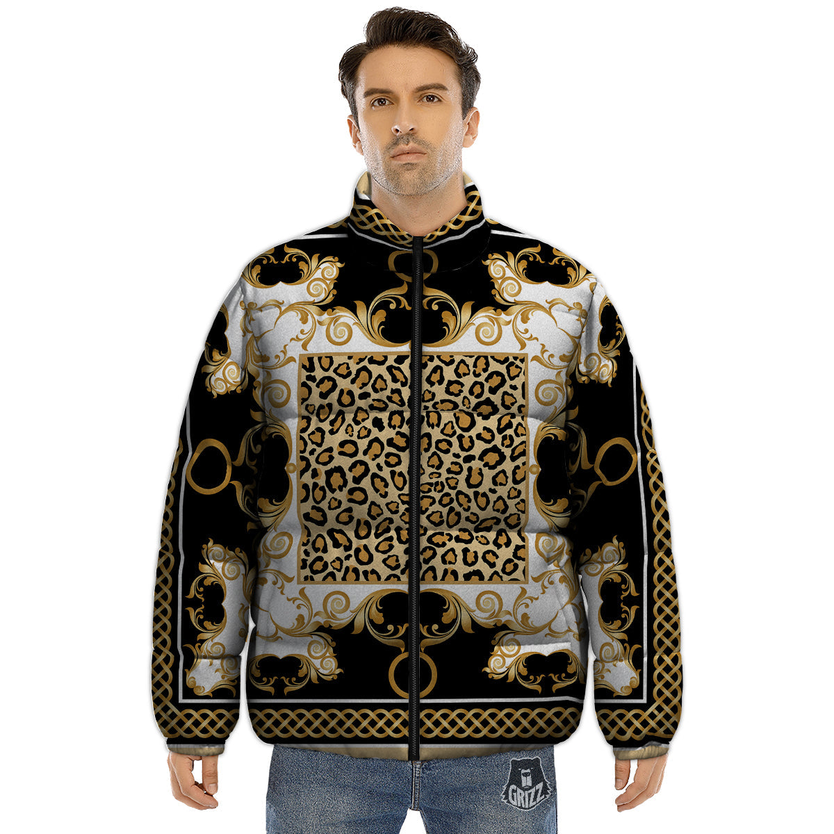 Golden Baroque And Leopard Print Puffer Jacket-grizzshop